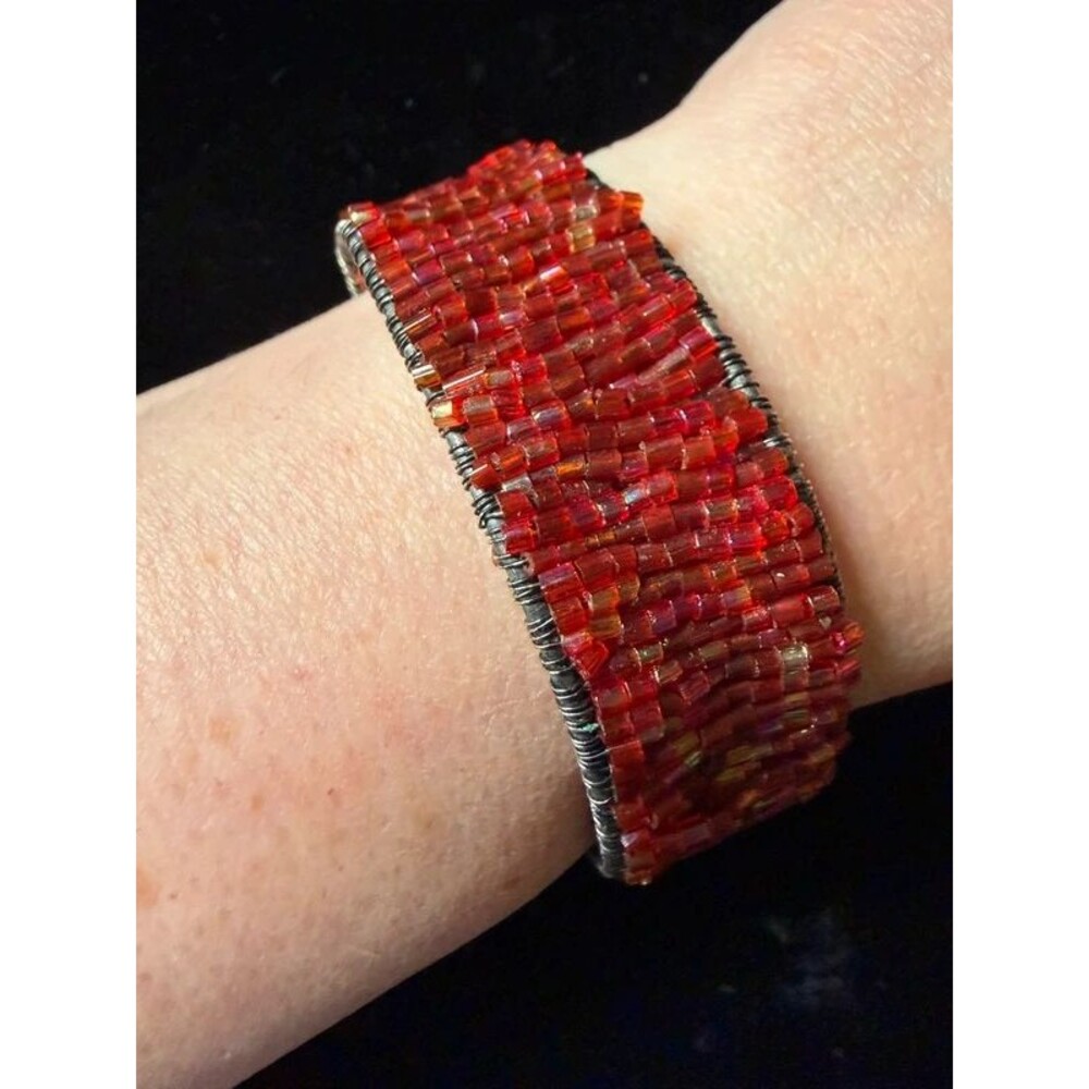 Handmade Red Bugle Bead Wire Wrapped Cuff Bracelet